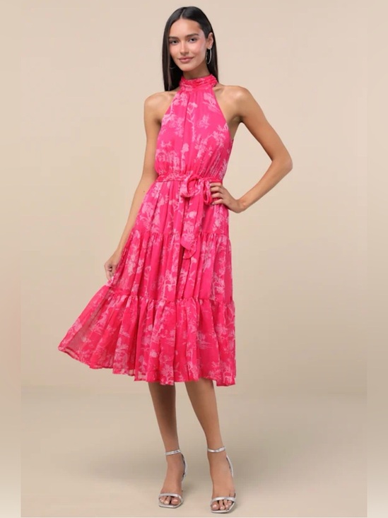 Lulus Dresses & Skirts - Lulus Float to You Hot Pink Floral Print Halter-Neck Tiered Midi Dress in Size S